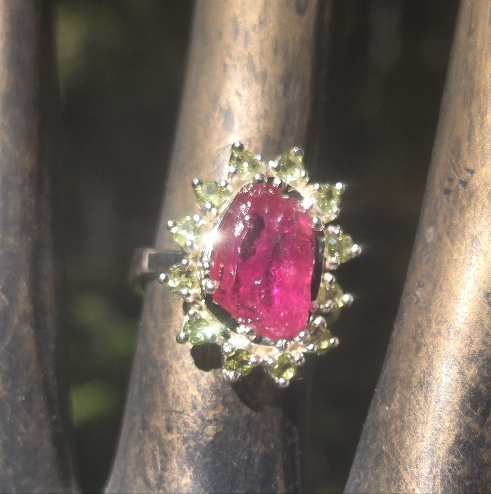 Ruby Raw Natural 14k & Peridot Gemstone Sterling Ring Sz7.75 - Picture 6 of 9